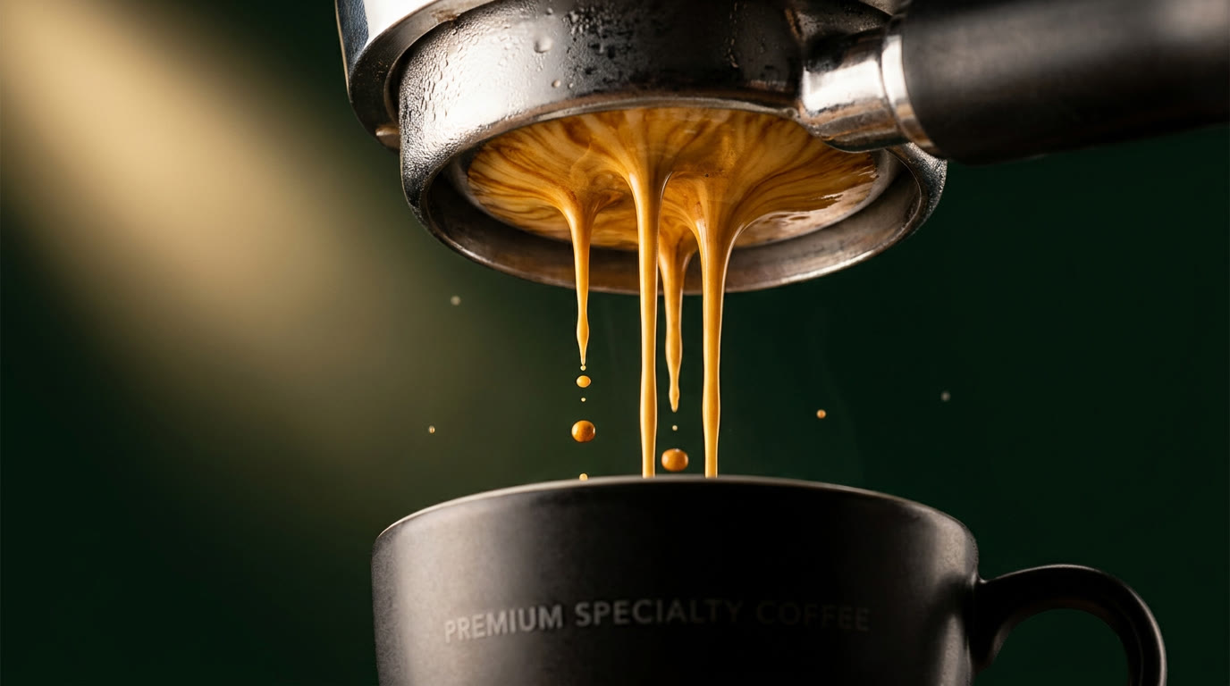 Golden espresso ribbons extracting from a bottomless portafilter
