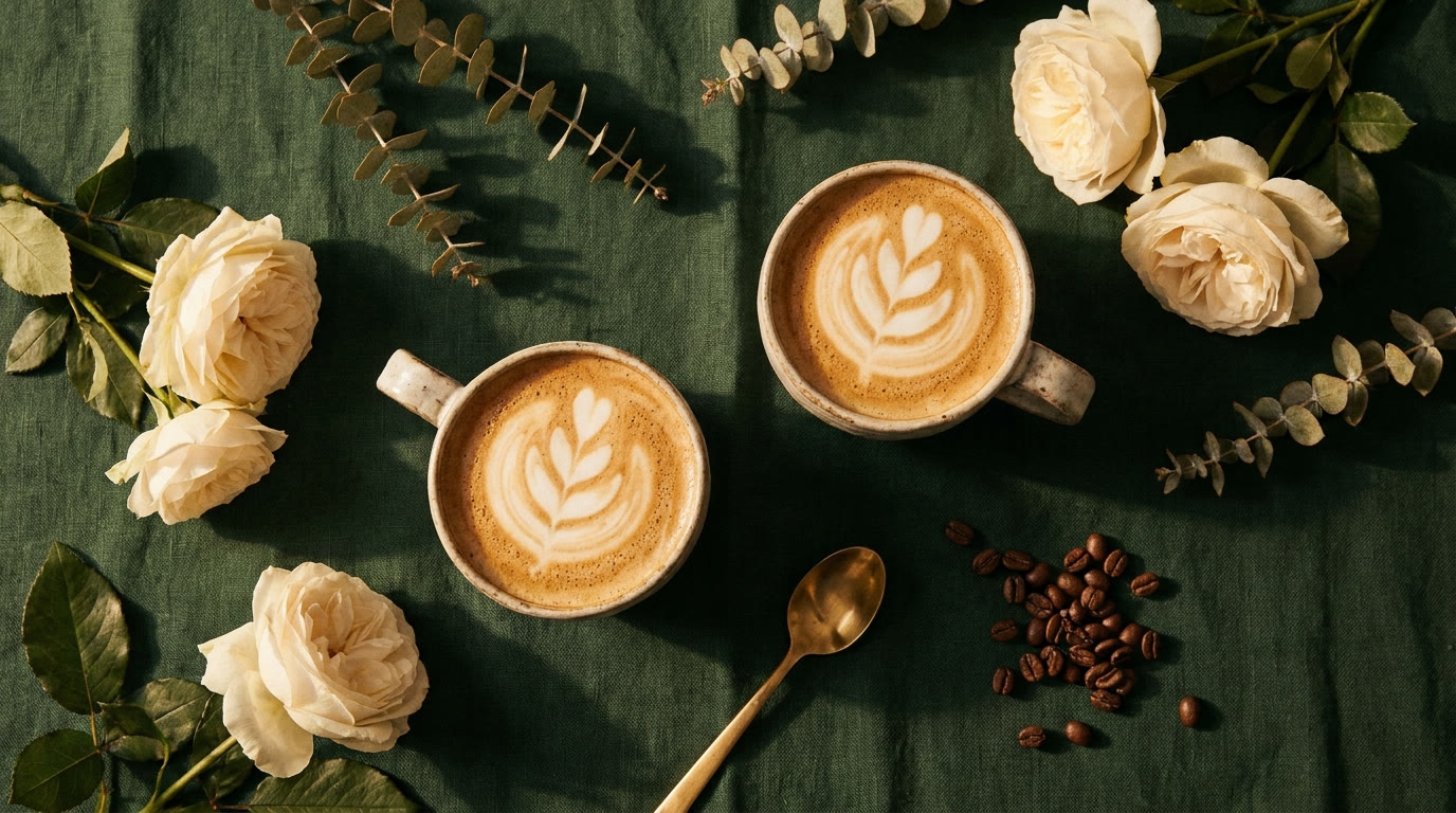 Two rosetta lattes poured at a Spokane wedding, set on deep green linen with cream roses and eucalyptus